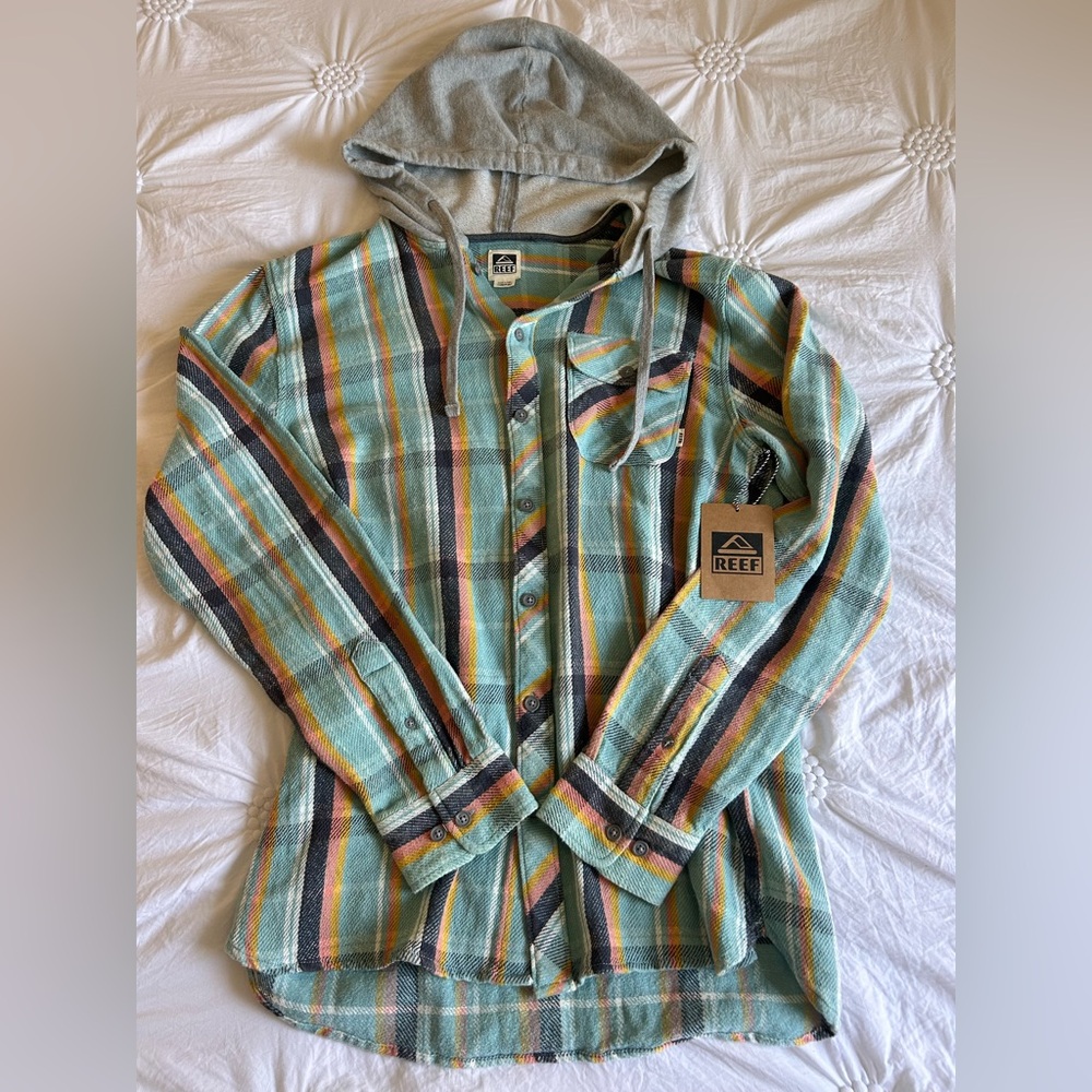 Reef Striped Hooded Shirt Jacket in Blue and Green